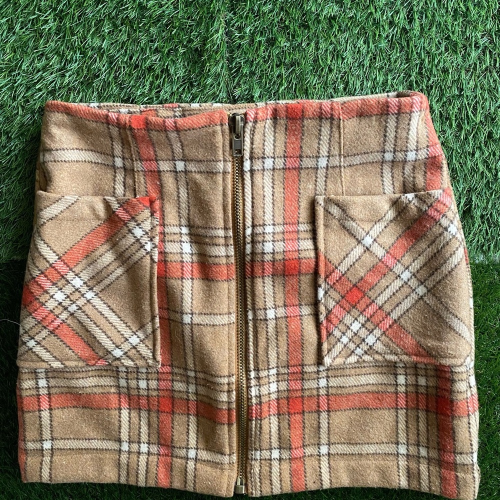 Plaid tan and orange skirt